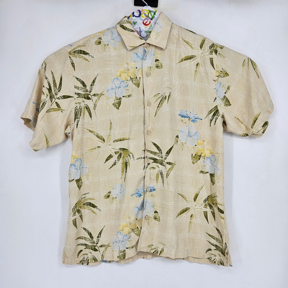 Tommy Bahama Shirt Mens Large Silk Floral Button Up Short Sleeve Tan FLAWS